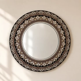 Handmade Mandala Wall Mirror 60x60cm | Mocha Brown & Cream
