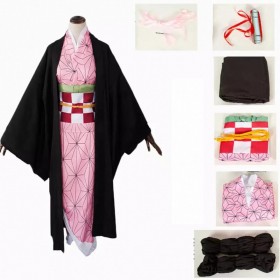 Demon Slayer Cosplay Kamado Nezuko Cosplay Kimono Set(Leggings Coat Girdle Waist Rope Bamboo Tube)- Pink And Black-Polyester