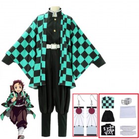 Demon Slayer kimetsu no yaiba Cosplay: Kamado Tanjirou kimono Cosplay Halloween Costume (Full Set)-Polyester-Green/Black