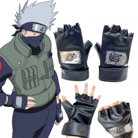 Naruto: Ninja Gloves Hatake Kakashi Gauntlets Cosplay with Konoha symbol-Leather-Black