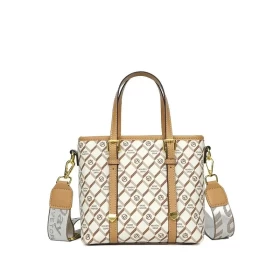 Printed Canvas Structured Handbag – Beige & Camel