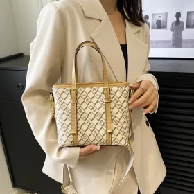 Printed Canvas Structured Handbag – Beige & Camel