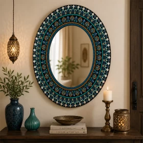 Handmade Mandala Wall Mirror 60x60cm | Teal Blue & Bronze