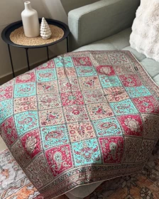 Persian Style Satin Decorative Throw 100x100 cm – Red & Turquoise Patchwork