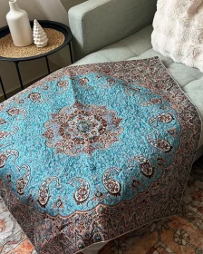 Persian Style Satin Decorative Throw 100x100 cm – Turquoise Paisley Medallion