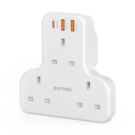 Porodo PD-FWCH006-WH Multiport Wall Adapter T-Socket 3250W UK , AC outlet and fast charging USB - White